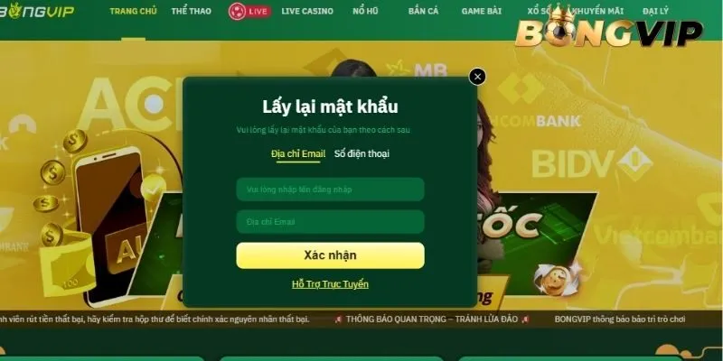 Hướng dẫn cách khôi phục mật khẩu đăng nhập BONGVIP